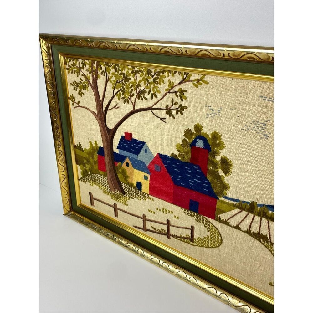 Vtg 1970 Needlepoint Cross Stitch Framed Country Farm Decor Cabin 23x33 in Large - Picture 4 of 10